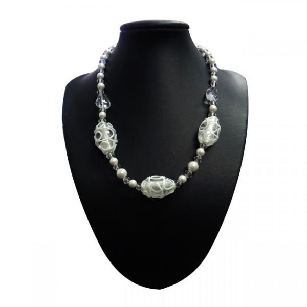 Magnetic Hematite Clear/White Glass Bead Necklace